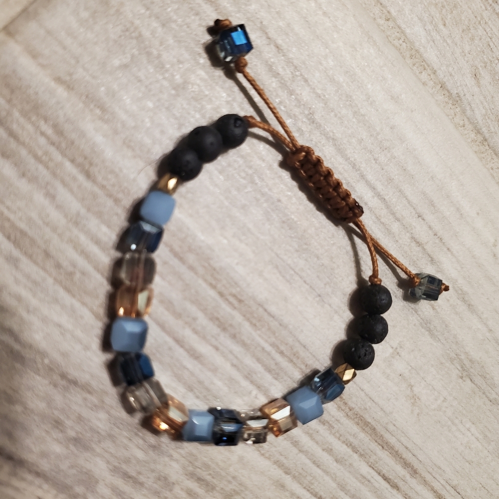 Essential Oil Diffuser Bracelet Glass Stones Lava Rock Adjustable Brown Blue - Picture 2 of 4